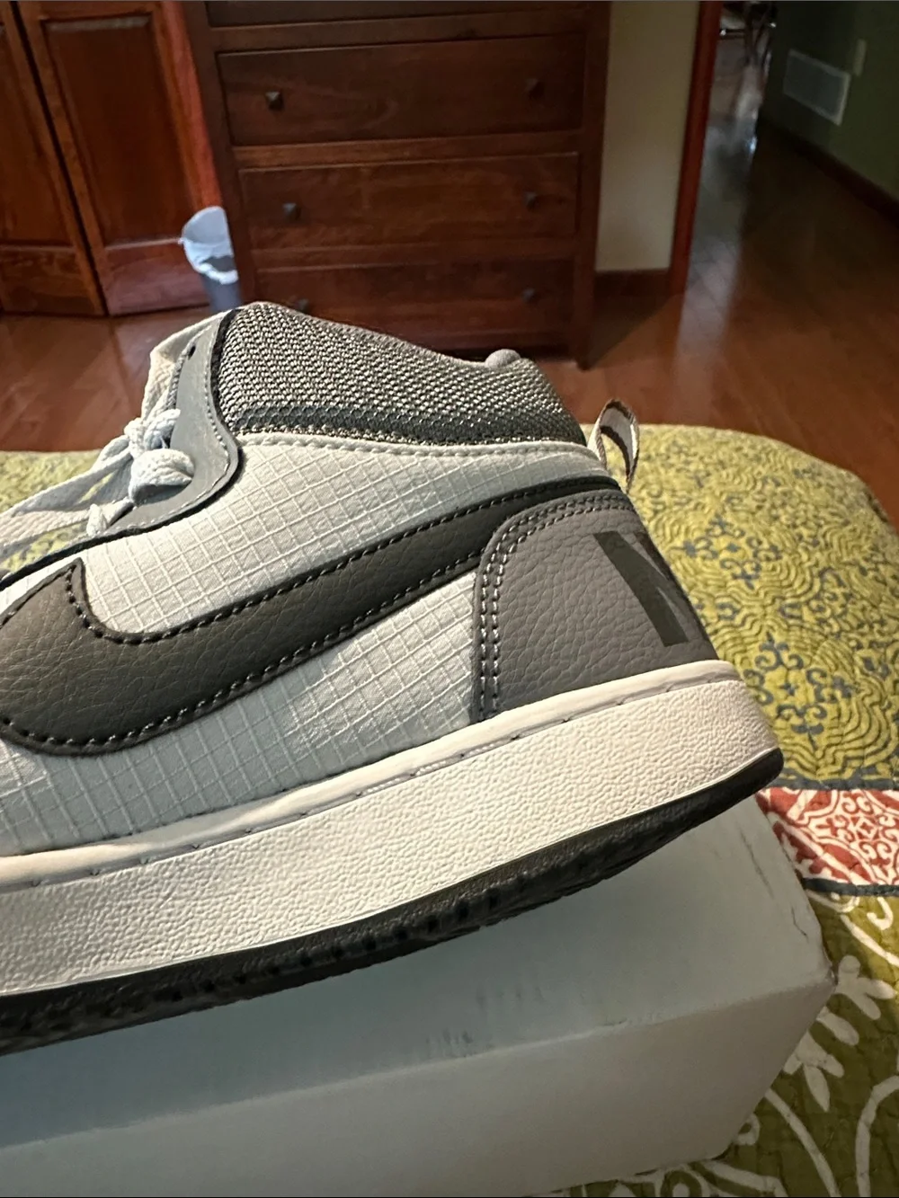 Nike Kids Gray and White High-Top Sneakers with Blue Tongue Detail